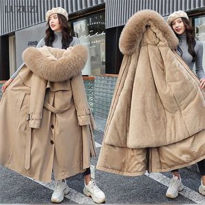 LUZUZI Women's Winter Jacket Hooded X-Long Thick Warm Cotton Padded Parkas Woman Wool Liner Distachable Plus Size Jackets Coat 211007