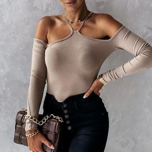 Women's T-Shirt Women Chain Halter Off Shoulder Autumn Khaki Casual Skinny Tee Shirt Chic Female Solid Color 2021 Office Lady Tops
