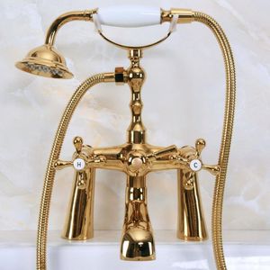 Polished Gold Color Brass Deck Mounted ClawFoot Bathroom Tub Faucet Dual Cross Handles Telephone Style Hand Shower Head Ana152 Sets