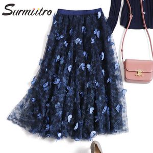 Surmiitro весна лето 3D бабочка вышивка корейский стиль женщины сетка высокая талия MIDI длинный тюль плиссированная юбка женщина 210712