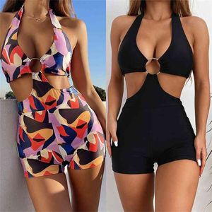 Oymak Halter Metal Yüzük Siyah Şort Mayo Bayan Backless Bikini Brezilyalı Push Up Bodysuit Beach Suit 210604