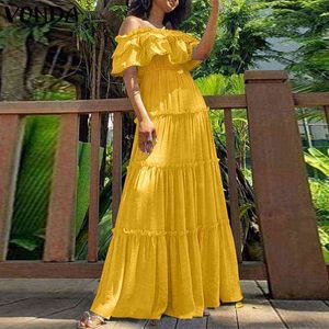 Summer Dress 2021 VONDA Women Casual Solid Off Shoulder Dresses Bohemian Party Vestidos Loose Beach Sundress Robe Y1204