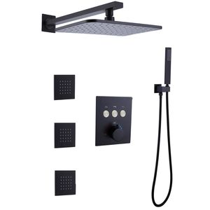 Matte Black Thermostatic Shower Head 28X18 CM LED 3 Color Temperature Changing Bathroom Rainfall Concealed Shower