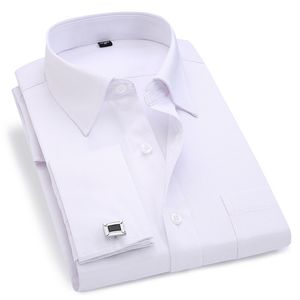 Herren-Hemd mit französischen Manschetten, weiß, langärmelig, lässig, Knöpfe, normale Passform, Manschettenknöpfe der männlichen Marke im Lieferumfang enthalten, 6XL 220118