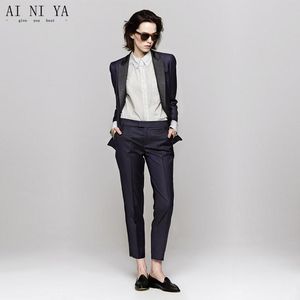 Jacka byxor marin kvinnor affärsdräkter blazer svart satin lapel kvinnlig byxor kostym damer vinter formell 2 bit blazers kvinnor två