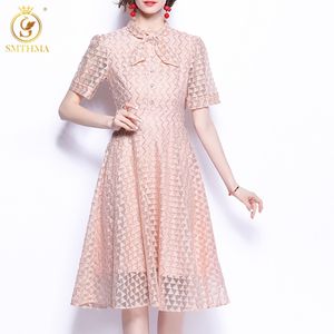 Fashion Designer Runway Dress Women Pink Bow Collar Elegant Lace Hollow Out Summer Dresses Vestidos 210520