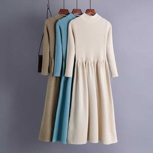 Knitted Elegant Women Sweater Dress Autumn Winter Thick Warm Long Midi Dress Elgant Solid Office Ladies A Line Sweater Dresses Y1006