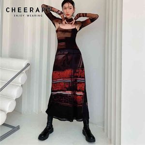 2 Piece Mesh Long Sleeve Punk Dress Women Turtleneck Midi Bodycon Ladies Runway Fashion Designer Clothes 210427