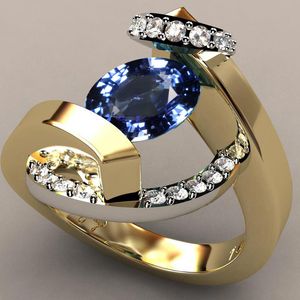 Blue White Zircon Stone Ring Male Female Yellow Gold Wedding Band Jewelry Promise Engagement Rings For Men