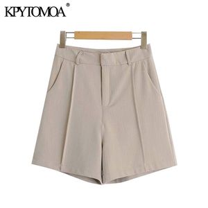 Kpytomoa女性シックなファッションオフィス着用サイドポケットショーツビンテージハイウエストジッパーフライ女性ショートパンツMujer 210714