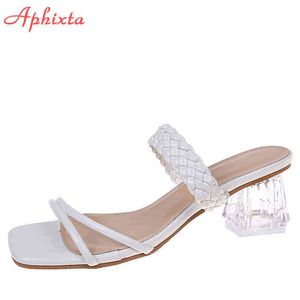 Aphixta 2021 Novo Verde Verde Verde Transparente Quadrado Saltos Mulheres Mules Design Slippers Sandal Slides Trançado Sapatos Feminino Y220224
