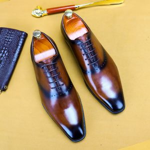 Lacing Mens Oxford Formal Shoes Genuine Leather Wedding Business Brogue Shoe Black Gray Coffee Pointed Toe Luxury Men Dress Shoe