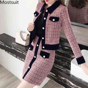 Winter Women Tweed Vintage Two Piece Skirt Suits Sets Buttons Coat And A-line Outfits Elegant Fashion 2 210513