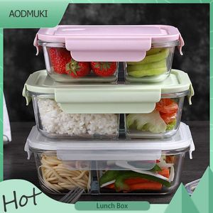 Tragbare transparente Glas-Frischhalte-Lunchbox, Mikrowellenheizung, Picknick-Lebensmittelbehälter, mehrere Gitter, auslaufsichere Bento-Box 210925