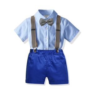 Wholesale toddlers wedding outfits resale online - 1 Years toddler Clothes Boys Summer Set Cotton Children Outfit Shirt Solid Shorts Belt Baby Kids Kits Wedding X0802