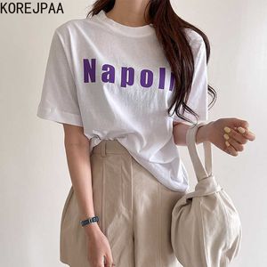 Korejpaa Kadınlar T-shirt Yaz Kore Chic Yaş-Düşüren Yuvarlak Boyun Yabani Gevşek Renkli Mektup Baskı Kısa Kollu Kazak 210526