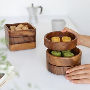 Dishes & Plates 1PCS Walnut Wood Serving Tray Square Rectangle Breakfast Sushi Snack Bread Dessert Cake Plate Easy Carry Stratification Groo