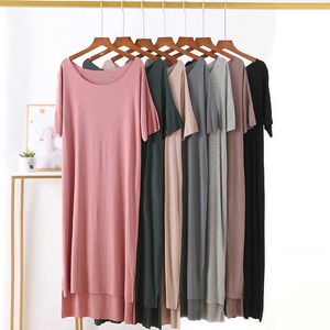 Frauen lose schlanke Kurzarm-T-Shirt-Kleid Sommer plus Größe Modell Thread Nachthemd Pyjamas W9218 210526