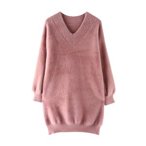 Women Sweater Mohair V Neck Solid Pink Pullovers Long Sleeve Casual Winter Loose M0043 210514