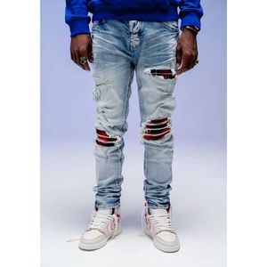 Jeans da uomo 2021 AM Maschio High Street Wash Water Make Old Blue Hole Patch Slim Fit Stretch Pantaloni da uomo in denim di marca