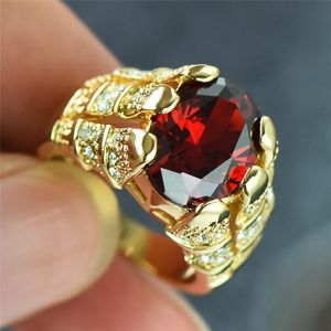 Wedding Rings Luxury Yellow Gold Red Oval Zircon For Men Women Fashion Birthstone Ring Male Female Jewelry Valentine's Day Gifts