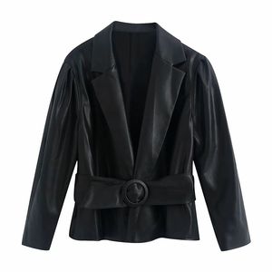 Women Fashion Simplicity PU Belt Artificial Leather Clothing Female Commute Lapel Long Sleeves Office Lady Jacket 210520