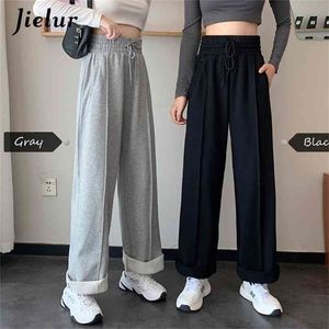 Jielur calças de cintura alta cordão m-xl largo perna mulheres legal preto branco casual harajuku bf calças calças 210915