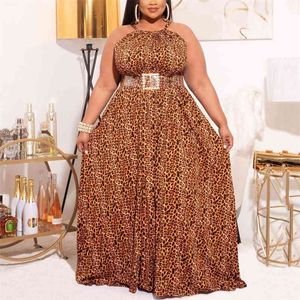 アフリカの女性ホルターハイタウの床の長さ背中のエレガントな夜の布210510のためのヒョウの印刷ドレスのプラスサイズ4xl 5xl