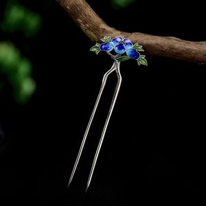 925 Sterling Silver Fork Comb Cloisonne Enamel Jewelry Blue Flower pin Chinese Luxury Hair Accessories Hanfu Women