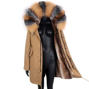 Winter Parka Kobiety Prawdziwe Futro Długie Zdejmowane Wodoodporna Parka Natural Raccoon Fur Collar Imitacja Mink Fur Liner 211129