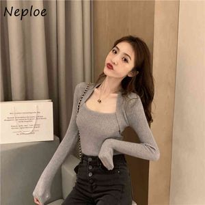 NEPLOE Square Collar Clavicle Exposed Sexy Sweter Kobiety Sweter Długim Rękawem Slim Fit Pull Femme Spring Robe Solid 210510