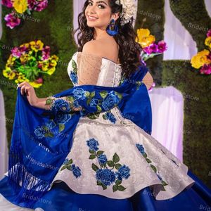 Unique Two Piece Princess Quinceanera Dresses White With Blue Red Off Shoulder Long Sleeve Beaded Embroidery Masquerade Prom Dress Ball Gown Sweet 16 Party Wear