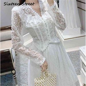 White Solid Mesh Lace Blouse High Wasit Skirts Woman 2 Piece Sets Vintage Fashion Shirts And Skirt Female Elegant 210603