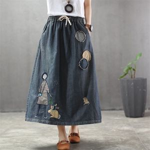 Vår sommar Konst Stil Kvinnor Elastisk Midja Lös A-Line Long Kjolar Patchwork Broderi Cartoon Vintage Denim Skirt M118 210512