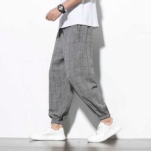 Mężczyzna Plaid Bawełniane Pościel Spodnie Mężczyźni Luźne Spodnie Harem Męskie 2021 Jesień Vintage Casual Spodnie Mężczyźni Odzież Streetwear X0723