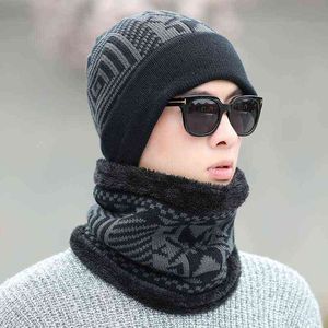 Neck Warmer Knitted Hat Scarf Set Fur Wool Lining Thick Warm Knit Beanies Balaclava Winter Hat For Men Women Cap Skullies Bonnet Y21111