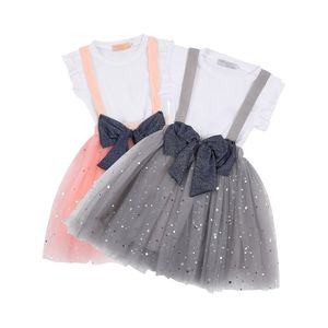 Miúdos do verão crianças bebê meninas roupas conjuntos de manga curta camisas sólidas bling lace tutu macacão saias 2-8Y 210326