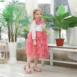 Partihandel Tjejer Lace Klänning Blomma Tiered Tulle Maxi Långärmad Prinsessan för bröllopsfest Barnkläder 1-8Y E17104 210610