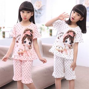 Verão Crianças Sleepwear Algodão Camisa de Mangas Curtas e Pant Feitiço Meninas Pijama Família Kids 3-12t Pijamas Crianças Trajes 211109