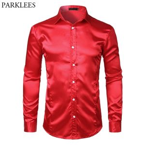 Mäns Slim Fit Silk Satin Dress Shirts Bröllop Bröllop Stage Prom Män Långärmad Knapp Down Male Chemise Homme Red 210626