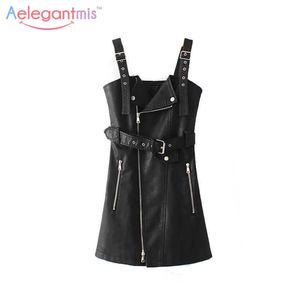 Aelegantmis Cool Slim Autumn PU Leather Dress Women Black Fall Short Overalls Female 210607