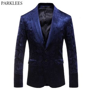 Herren Paisley Blumendruck Marine Samt Blazer Marke Slim Fit Kerb Revers Blazer Jacke Männlich Hochzeit Party Bühne Kostüm Homme 210522