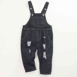 Children's Denim Overalls Spring Boys and Girls Ripped Casual Baby Jumpsuits Clothes Trousers 210515