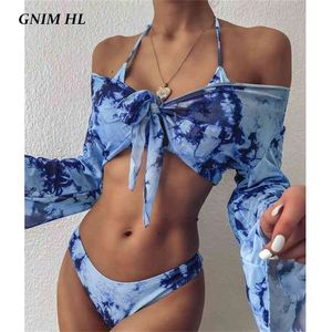 Gnim Långärmad Baddräkt Kvinnor Bandage Bikini Mujer Sommar Sexig Utskrift Brasiliansk Baddräkt Kvinna Tre Pieces Biquini Set 210621