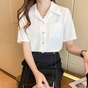 Lapel Women's Short Sleeve Blouse Elegant Shirts Summer Chiffon Shirt Work Clothes Korean Simple and versatileTop 210507