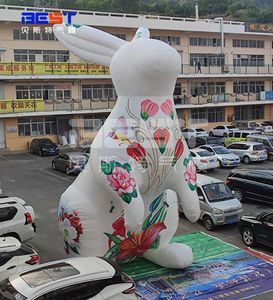 26ft PVC Tarpaulin Gigante Inflável Decorações Ao Ar Livre Coelho Branco Com Flor Impressão Mascote Desenhos Animados Para Mid-Autumn Festival