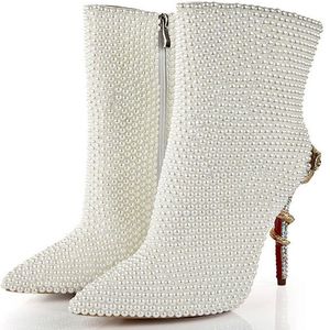 Full Glossy White Pearl Ankle Boots Lady Crystal Metal Gold Snake Twined High Heels Pointed Toe Woman Winter Plush Fur Short Rhinestone Wedding Booties