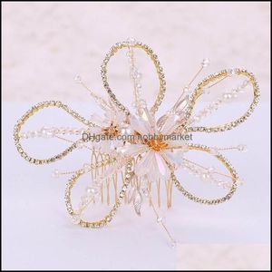 Wedding Jewelry Sets Golden Set Crystal Hair Comb + Earrings Hand-Woven Bride Beautif Beads Aessories Clips Drop Delivery 2021 Og40A