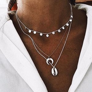 Pendant Necklaces Vintage Multilayer Metal Sea Shell Resin Ox Horn Moon For Women Bohemian Beach Jewelry Sequins Necklace Kolye