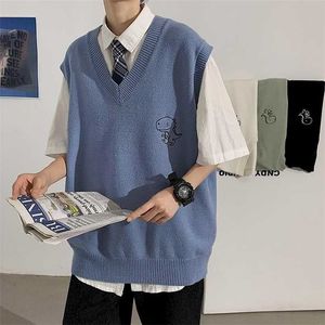 Vårens Trendiga Dinosaur Sweater Broderad Lös V-Neck Sweater Vest Kvinna Casual Streetwear Toppar Kläder Argyle 211102